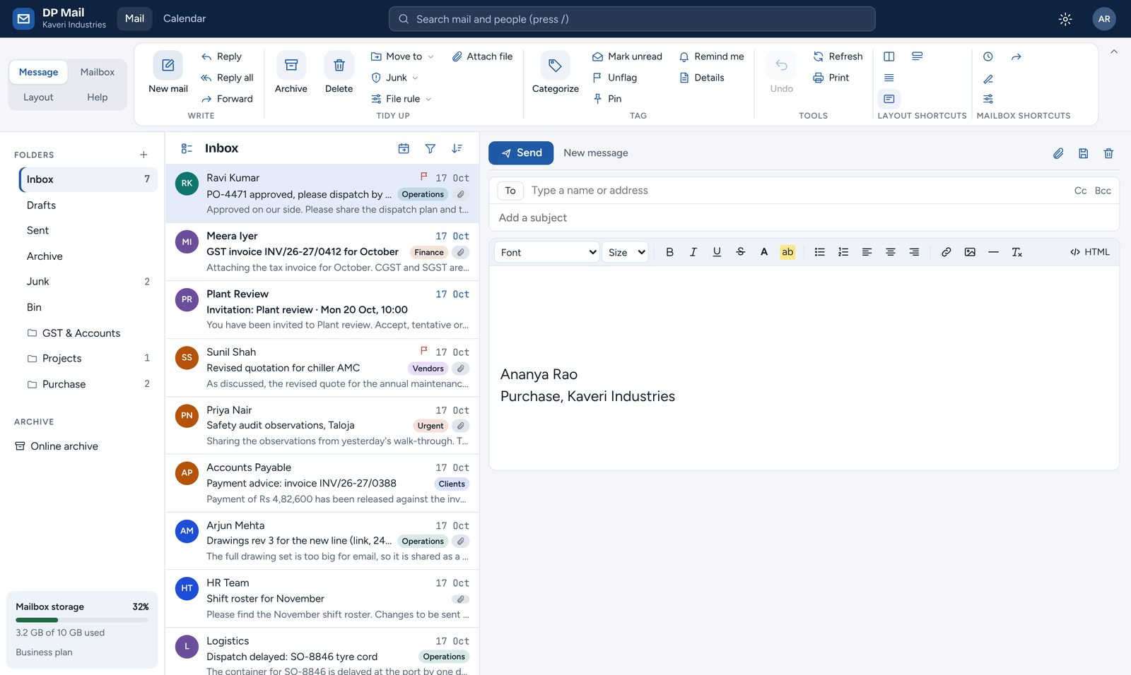 DP Mail webmail: Compose. Write in the reading pane with a full HTML editor, signature, attachments and undo send.