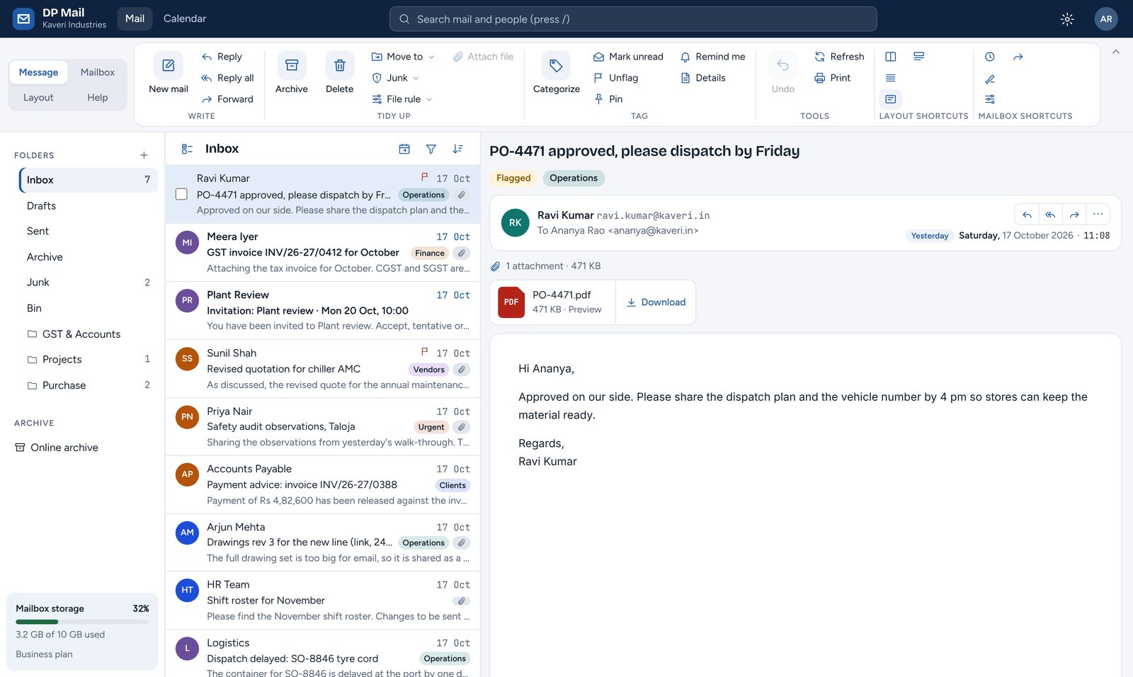 DP Mail webmail: Inbox. Outlook-style ribbon, folders, categories, flags and a reading pane with attachment preview.