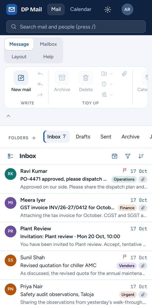 DP Mail webmail: On a phone. The same webmail adapts to a phone screen, alongside the native Outlook, iPhone and Android mail apps.